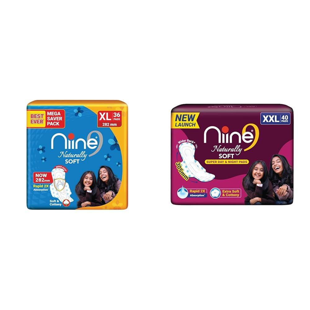 NIINE Naturally Soft XL Sanitary Pads for Women | 282mm Long | Cottony Soft Top Cover | Anti Leak | NIINE Naturally Soft XXL Sanitary Pads for Women | 40...