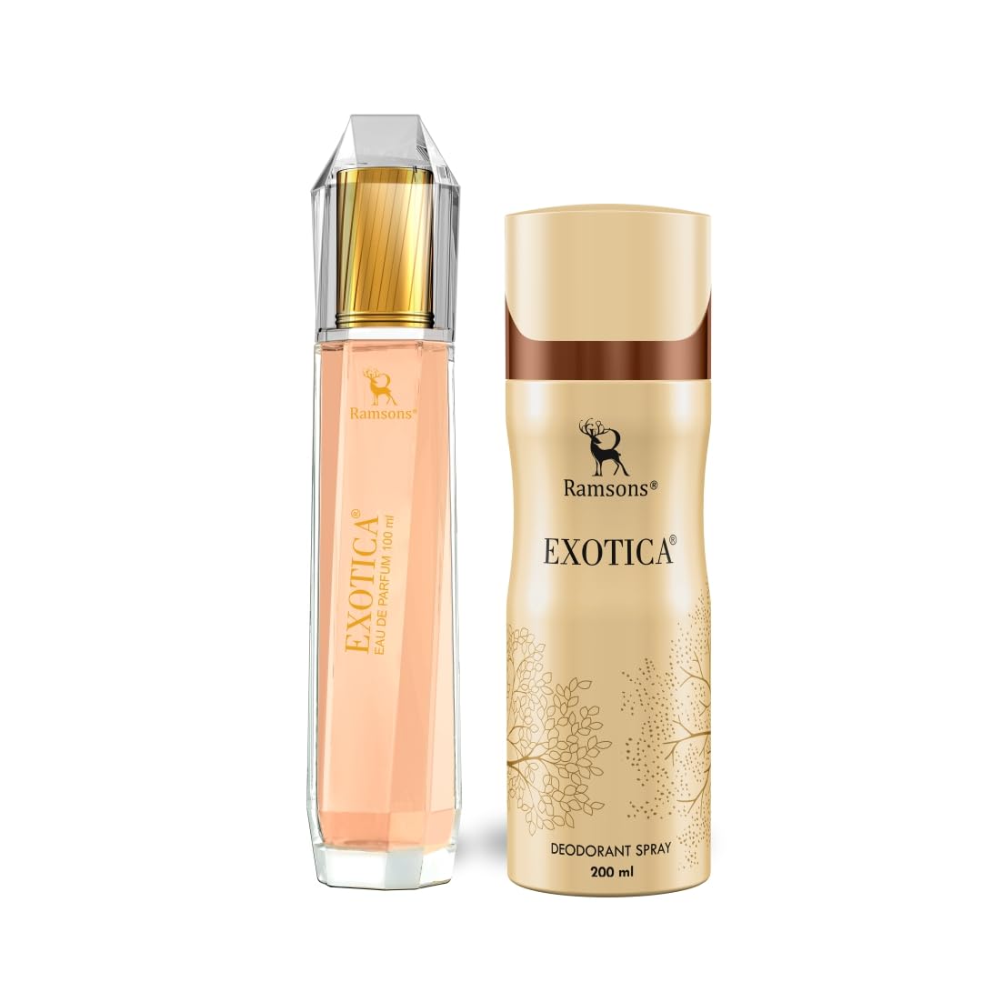 Ramsons - EXOTICA Gift Pack for Women | 1 Eau De Parfum-100ml & 1 Deodorant-200ml | TN - Plum, Peach, Orange Blossom, Leafy Green | MN - Jasmine, Rose,...