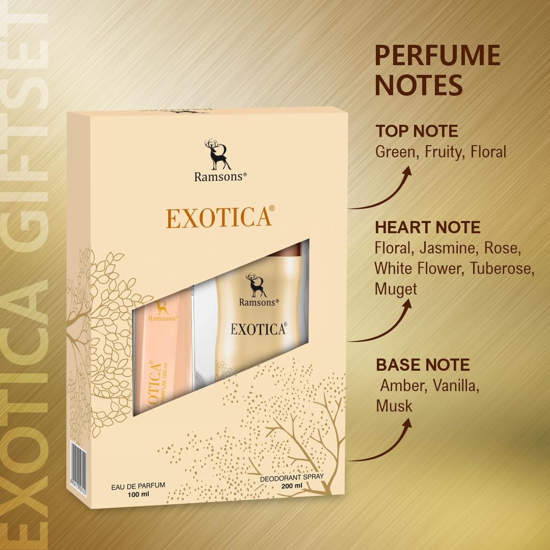 Ramsons - EXOTICA Gift Pack for Women | 1 Eau De Parfum-100ml & 1 Deodorant-200ml | TN - Plum, Peach, Orange Blossom, Leafy Green | MN - Jasmine, Rose,...