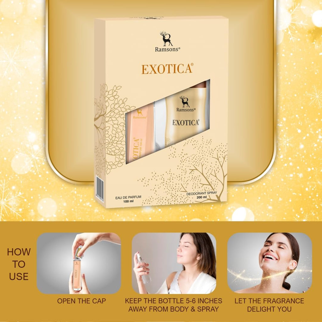 Ramsons - EXOTICA Gift Pack for Women | 1 Eau De Parfum-100ml & 1 Deodorant-200ml | TN - Plum, Peach, Orange Blossom, Leafy Green | MN - Jasmine, Rose,...