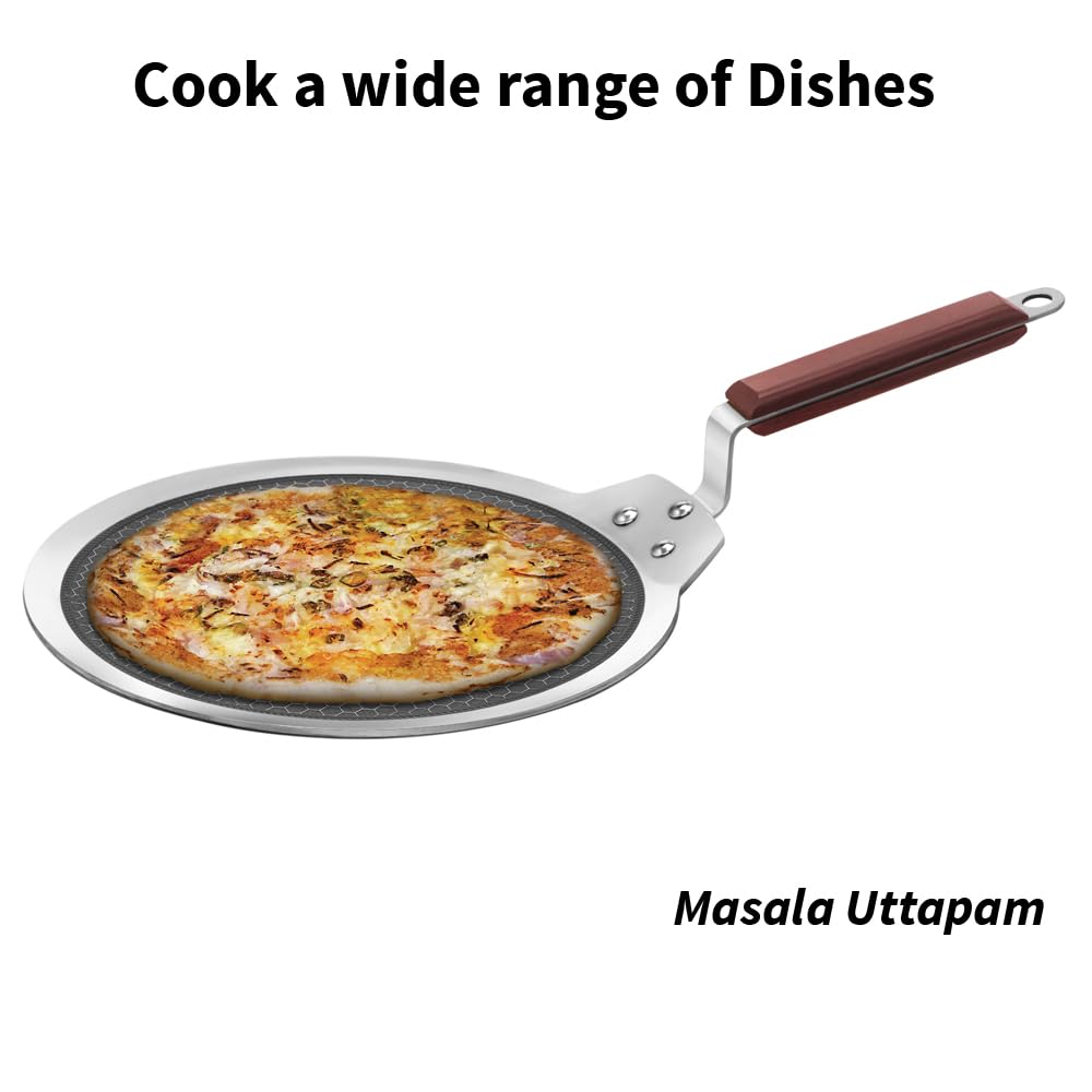 Hawkins 28 cm Dosa Tava, Triply Stainless Steel Shielded Nonstick Tawa with Rosewood Handle, Honeycomb Non Stick Induction Tawa, Silver (NSDT28)