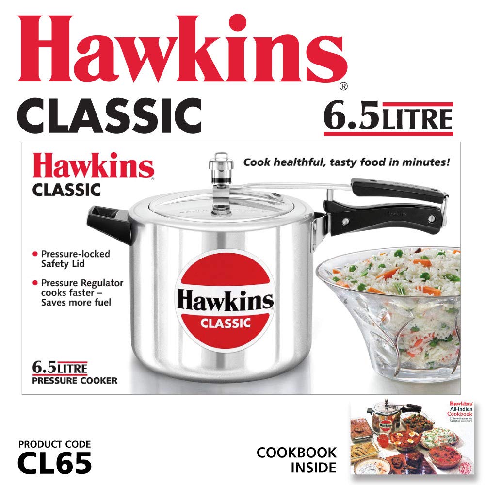 Hawkins Classic 6.5 Litre Pressure Cooker | Straight Body | Gas Compatible | Ideal for 7–9 persons | ISI Certified | 5 Year Guarantee | Silver (CL65)
