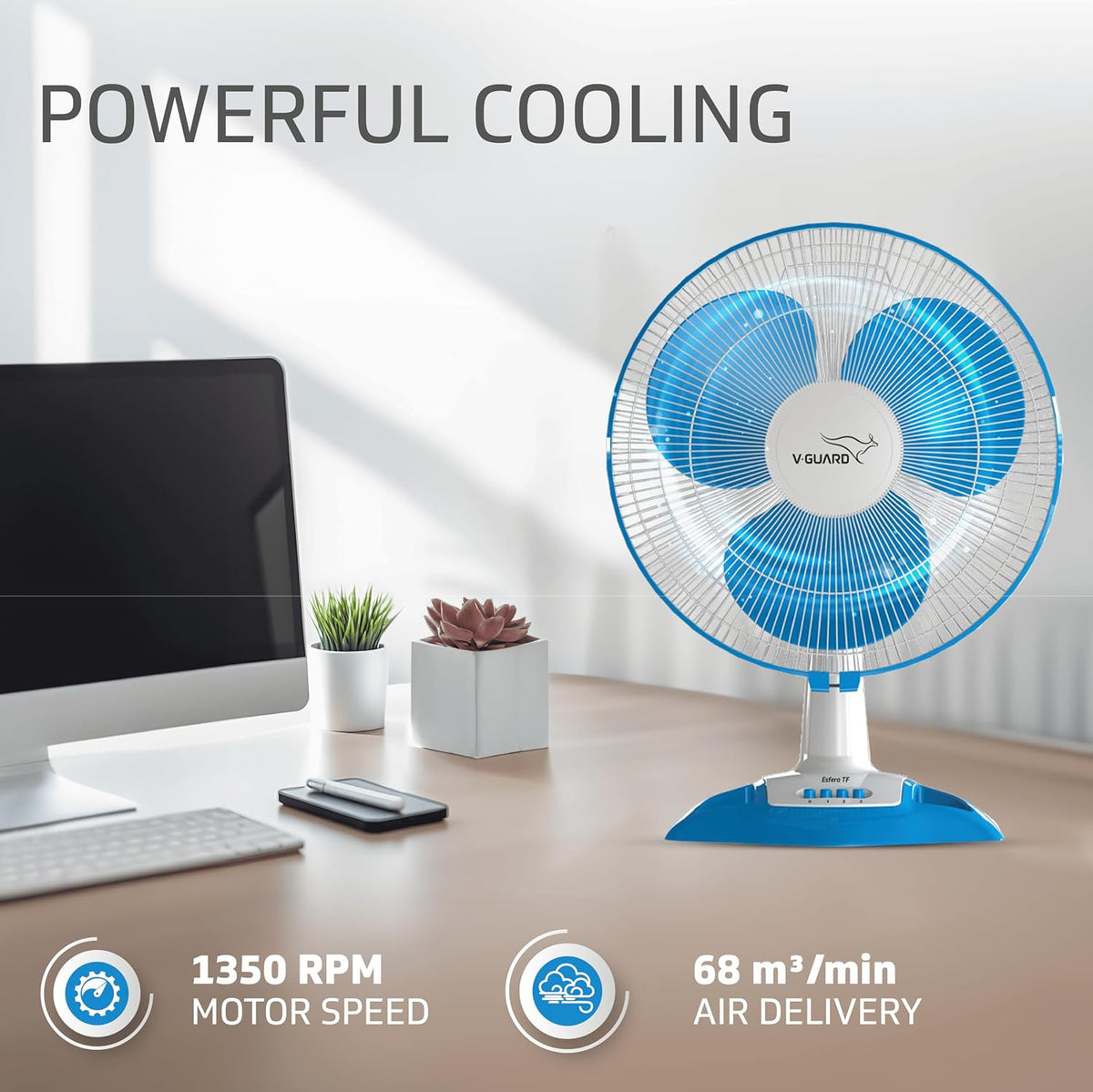 V-Guard Esfera 400mm Table & Wall Fan|ABS Body|White Blue