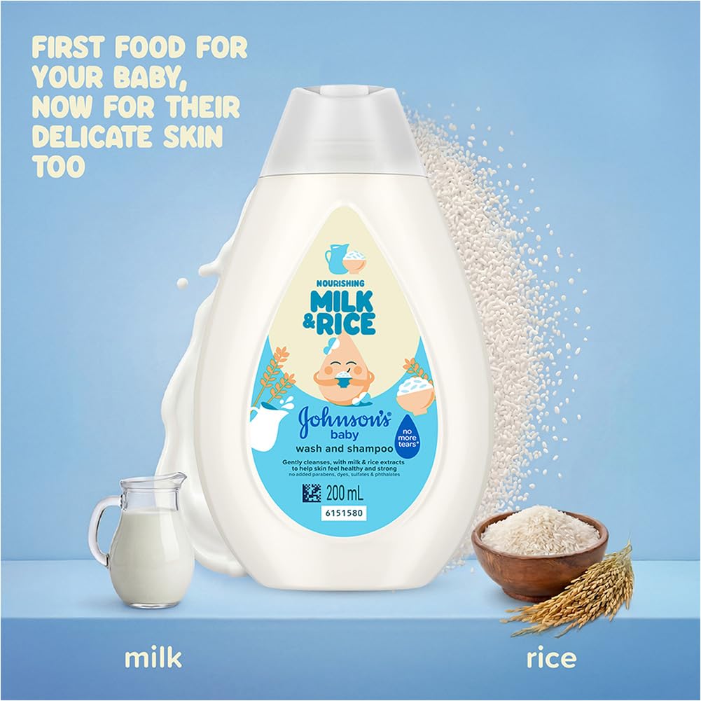 Johnson’s Baby Nourishing Milk & Rice Wash & Shampoo 200 ml | 2‑in‑1 Gentle Cleanser for Newborn Hair & Skin