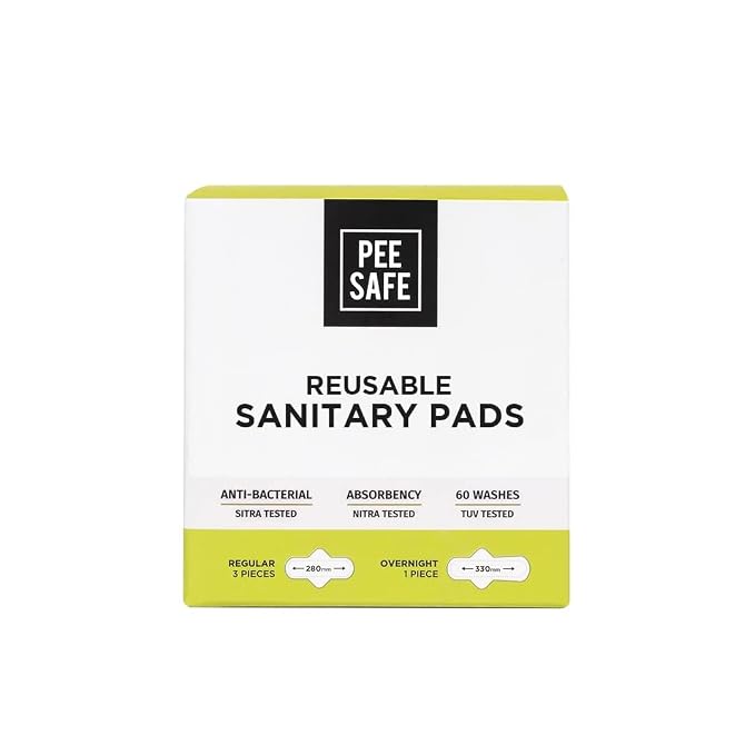 PEESAFE Reusable Sanitary Pads | (3 Regular Pads + 1 Overnight Pad + 1 Leak Proof Pouch) | Lasts Up To 1 Year | Highly Absorbent & Skin Friendly, Pack of 4
