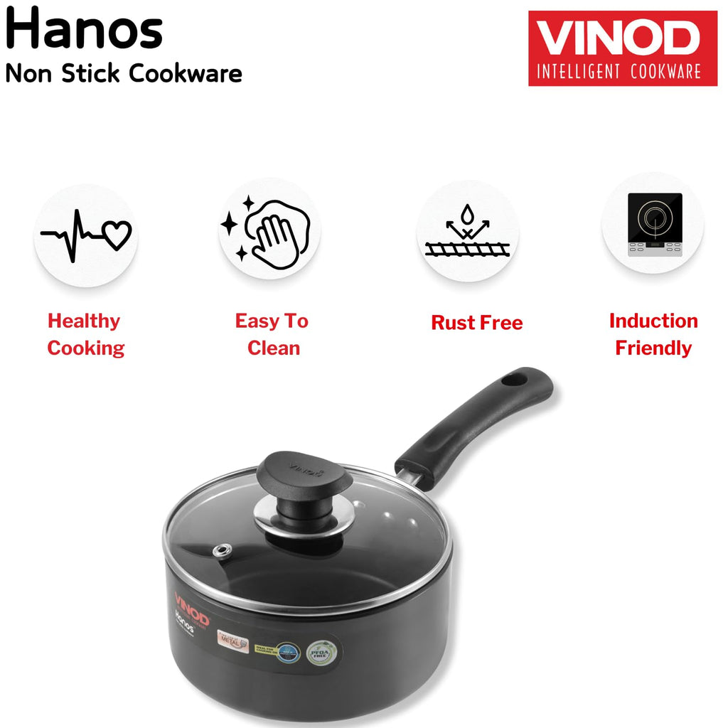 Vinod Hanos Hard Anodised Non Stick Saucepan with Lid - 1.7 Litre, 16 cm | 3.25mm Thick | 5X Long Lasting | Soft Touch Handle, Scratch Proof | Induction & Gas Base | 2 Year Warranty
