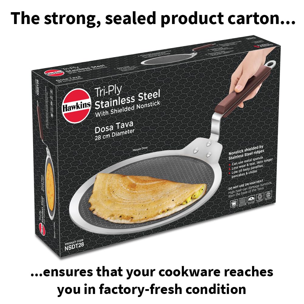 Hawkins 28 cm Dosa Tava, Triply Stainless Steel Shielded Nonstick Tawa with Rosewood Handle, Honeycomb Non Stick Induction Tawa, Silver (NSDT28)