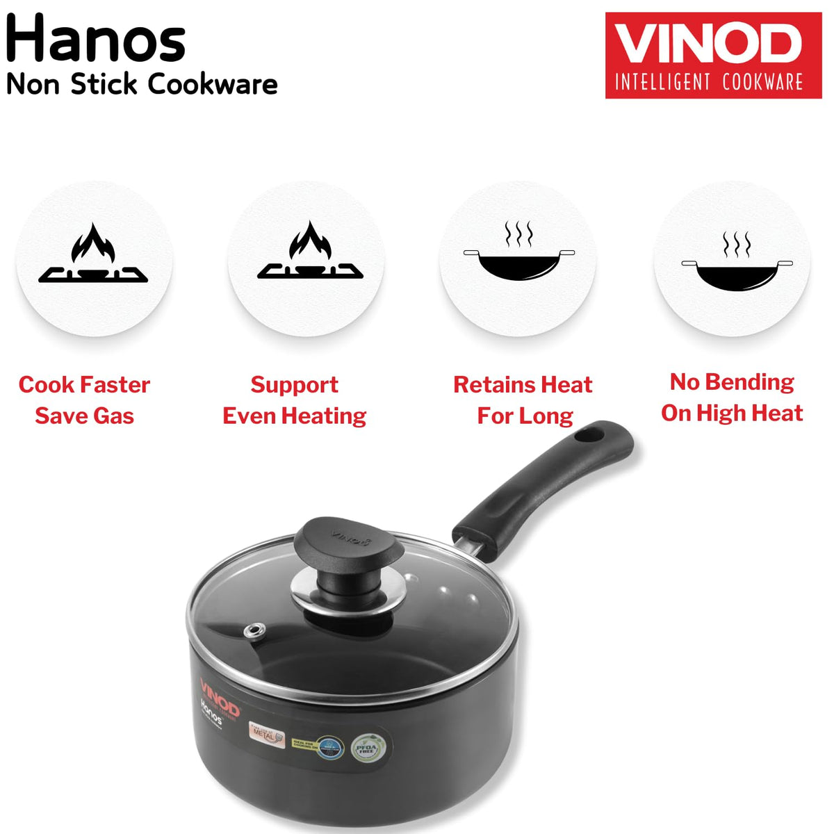 Vinod Hanos Hard Anodised Non Stick Saucepan with Lid - 1.7 Litre, 16 cm | 3.25mm Thick | 5X Long Lasting | Soft Touch Handle, Scratch Proof | Induction & Gas Base | 2 Year Warranty