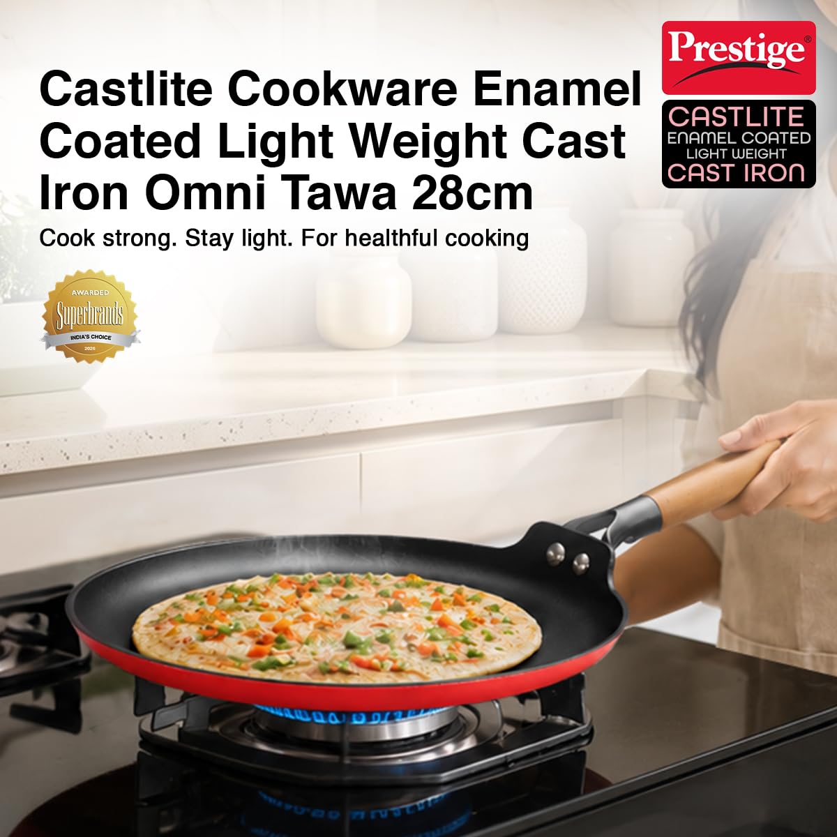 Prestige Castlite Enamel Coated Lightweight Cast Iron Omni Tawa 28cm | High Heat Retention, Rust-Proof |