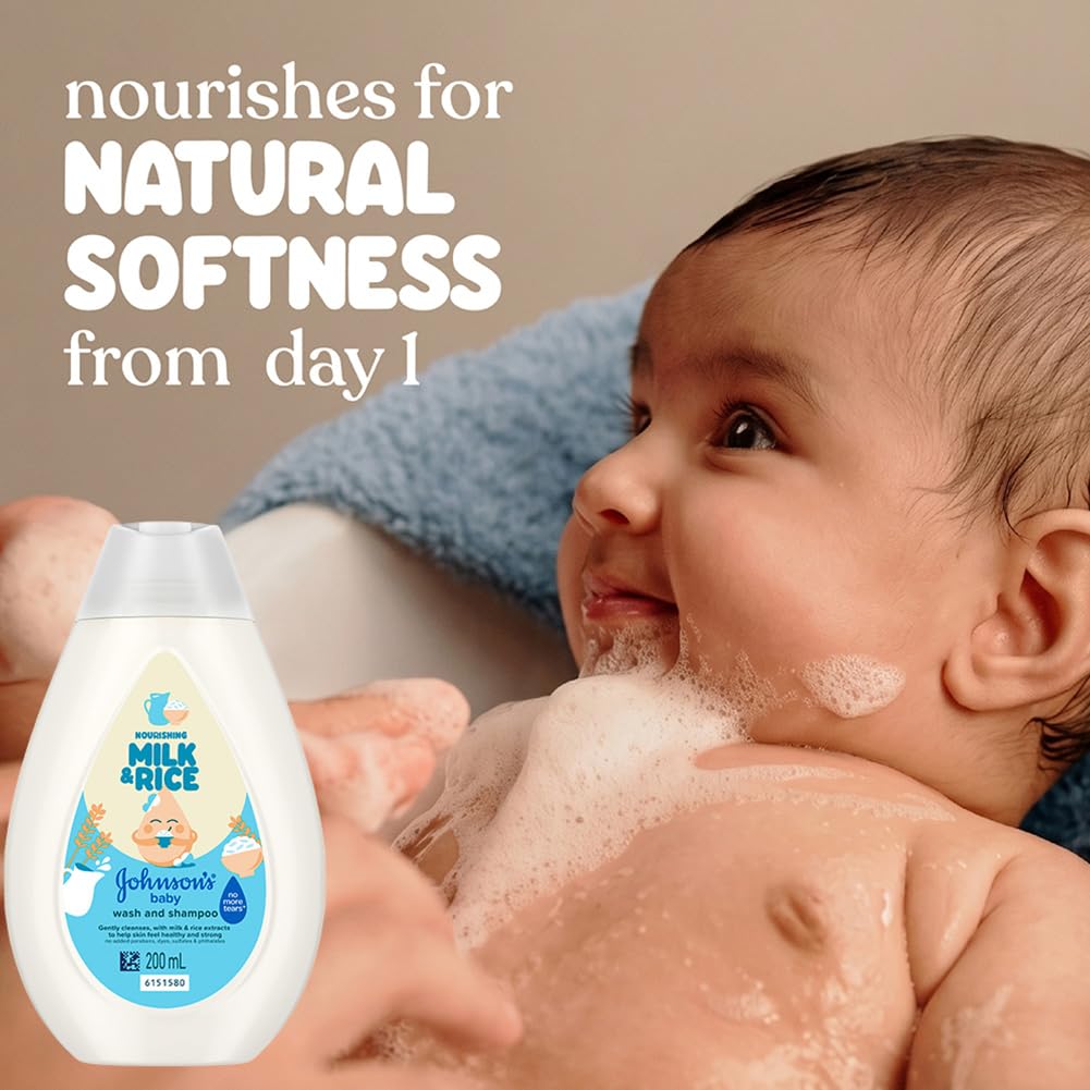 Johnson’s Baby Nourishing Milk & Rice Wash & Shampoo 200 ml | 2‑in‑1 Gentle Cleanser for Newborn Hair & Skin