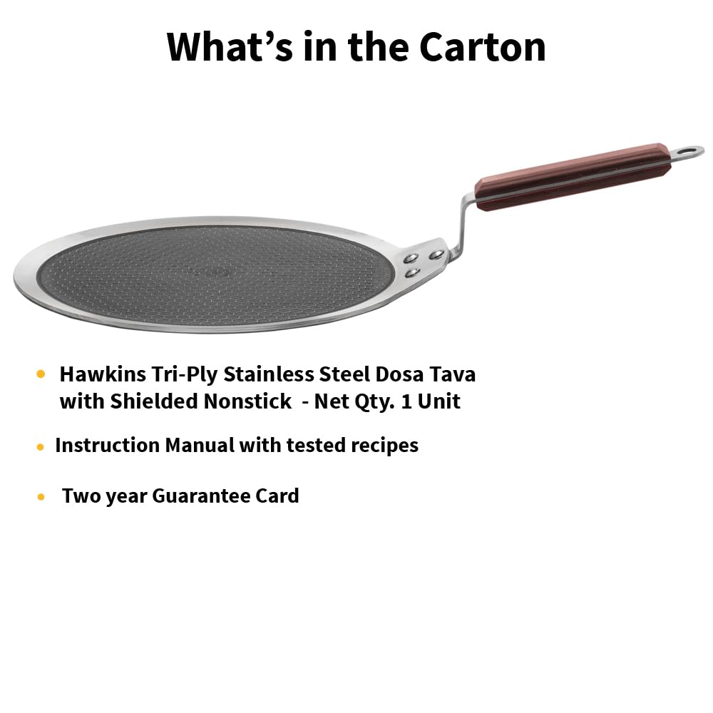 Hawkins 28 cm Dosa Tava, Triply Stainless Steel Shielded Nonstick Tawa with Rosewood Handle, Honeycomb Non Stick Induction Tawa, Silver (NSDT28)