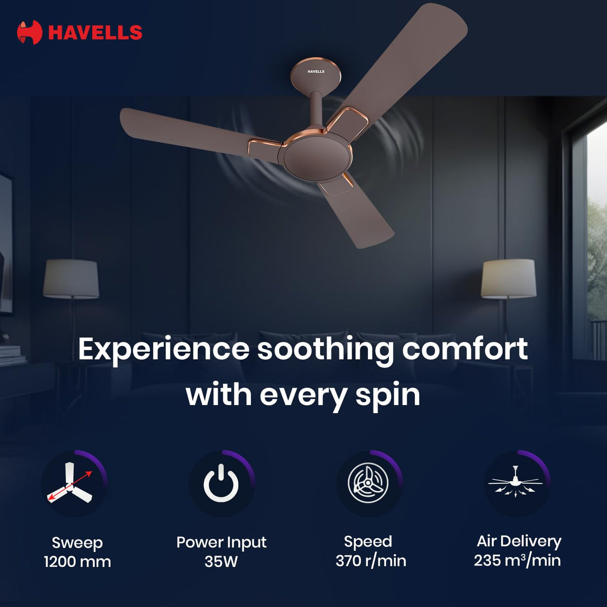 Havells 1200mm Enticer BLDC Prime Ceiling Fan| Compatible with Regulator & Remote| Upto 55% Energy Saving|
