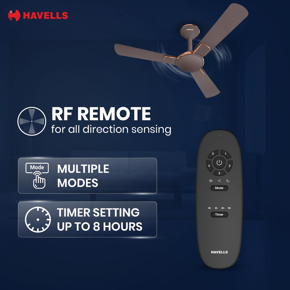 Havells 1200mm Enticer BLDC Prime Ceiling Fan| Compatible with Regulator & Remote| Upto 55% Energy Saving|