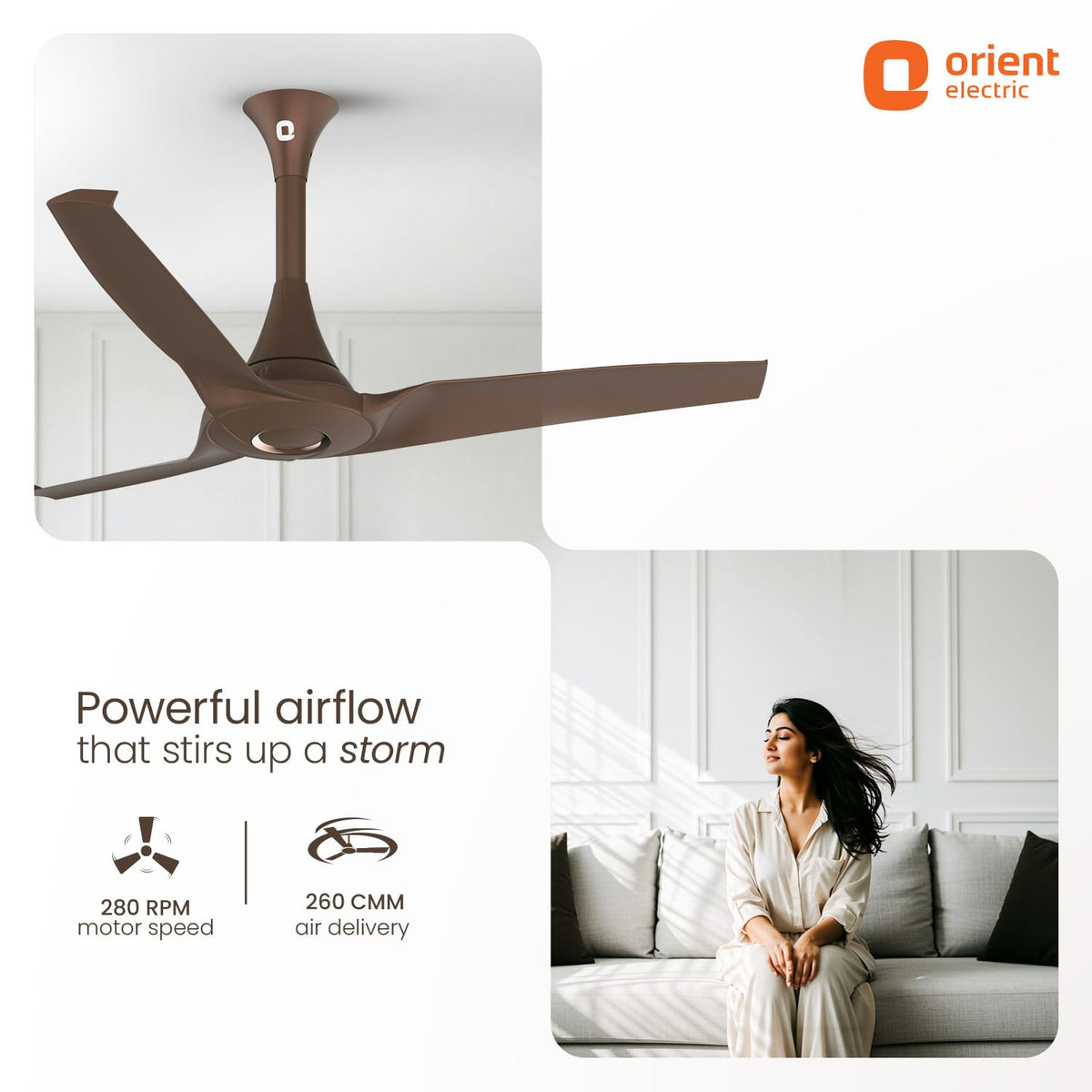 Orient Electric Aerostorm 1200 mm Ceiling Fan for Home | 18-pole strong motor |2 Years Warranty by Orient | Truffle Brown, Pack of 1