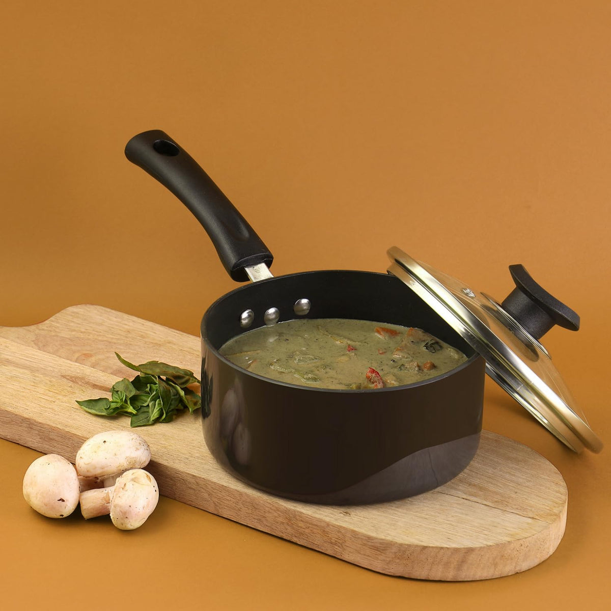 Vinod Hanos Hard Anodised Non Stick Saucepan with Lid - 1.7 Litre, 16 cm | 3.25mm Thick | 5X Long Lasting | Soft Touch Handle, Scratch Proof | Induction & Gas Base | 2 Year Warranty