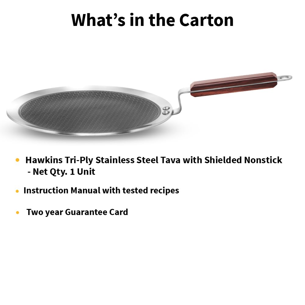 Hawkins 26 cm Paratha Tava, Triply Stainless Steel Shielded Nonstick Tawa with Rosewood Handle, Honeycomb Non Stick Induction Tawa, Silver (NSPT26)