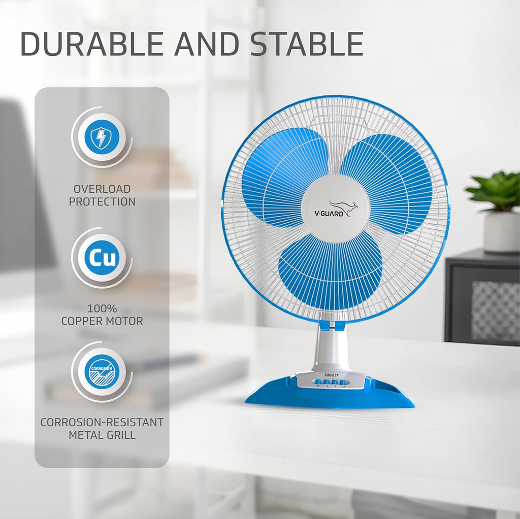 V-Guard Esfera 400mm Table & Wall Fan|ABS Body|White Blue