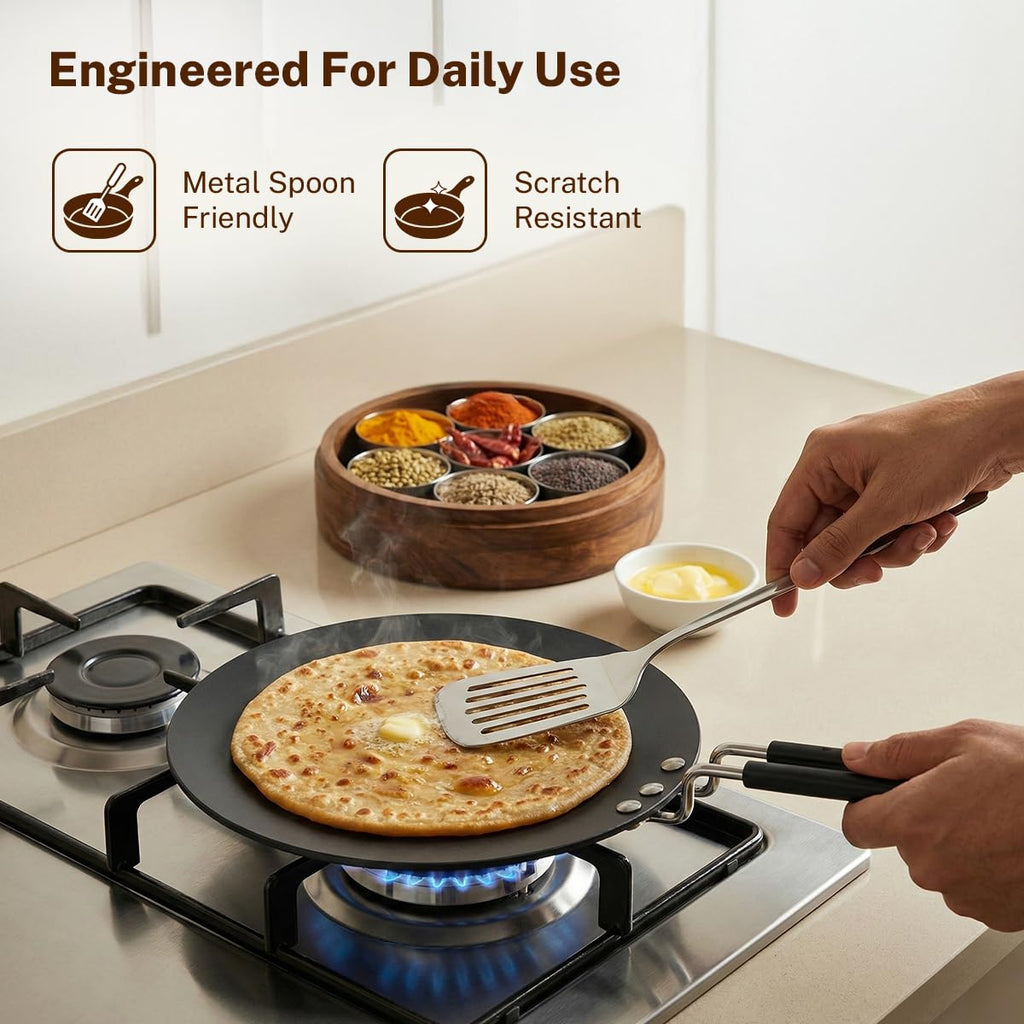 Prestige Hard Anodised Roti Tawa 22.5 cm | Thick Base (4 mm) | Gas & Induction Compatible | Metal Spoon Friendly | Stay Cool Handle | Wide Base | 2Y Warranty | ISI
