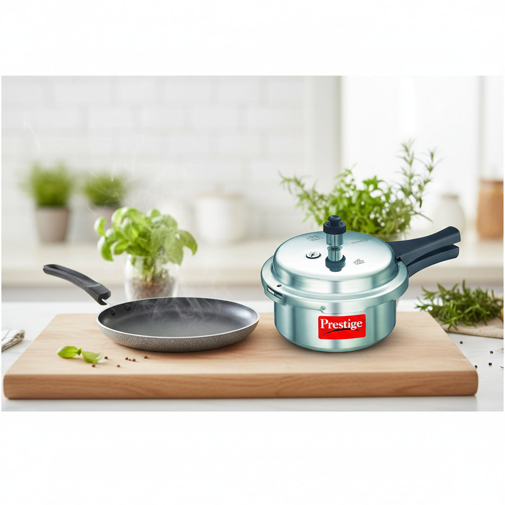 Prestige Popular Virgin Aluminium Outer Lid Pressure Cooker, 2 L (Silver) & Prestige Aluminium Omega Select Plus Ib Non-Stick Omni Tawa, 27.5 Cm, Multicolour, Medium, 2 Liter
