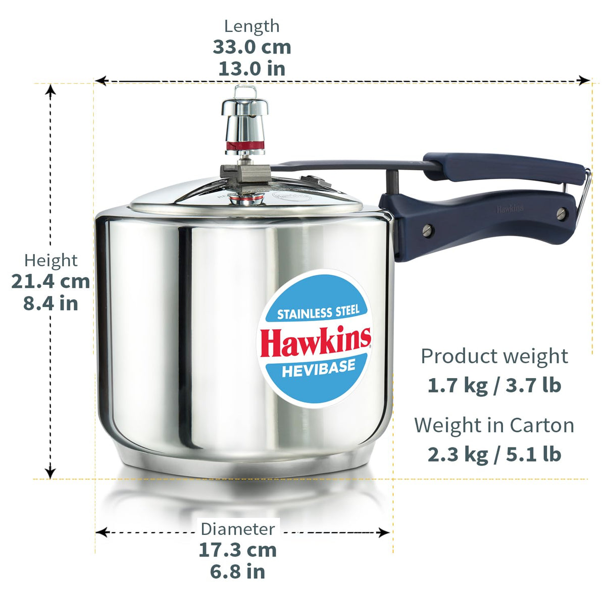 Hawkins 3 Litre Pressure Cooker | Stainless Steel | Hevibase | Straight Body | Tall Design | Induction Safe | Ideal for 3–4 persons | Silver.