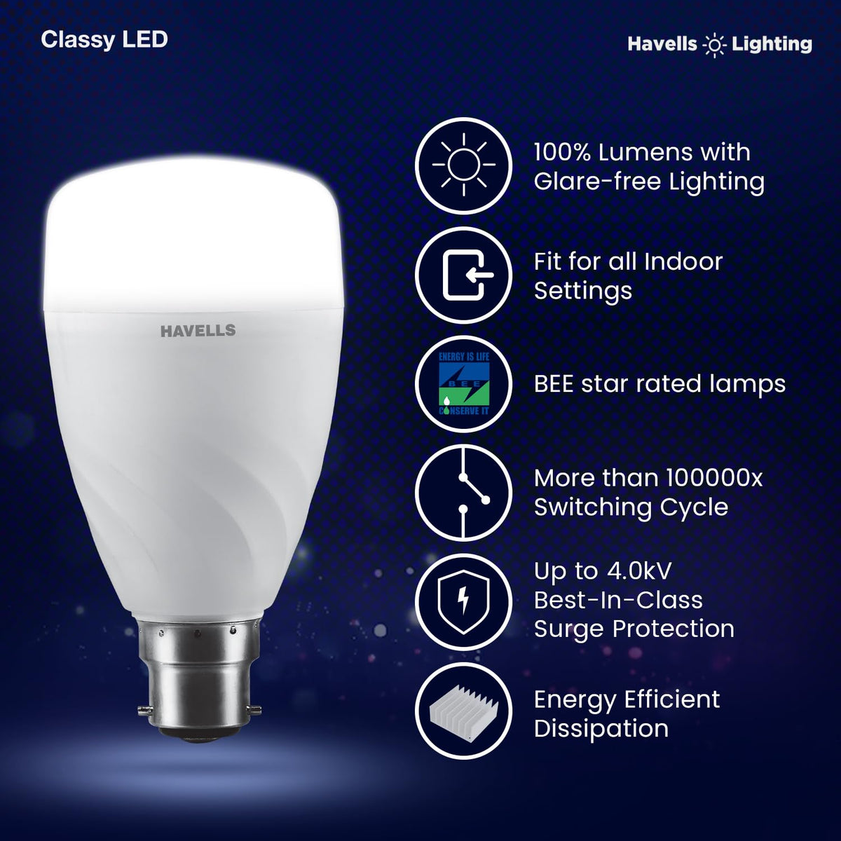 Havells 13W LED B22 Cool Day Light Bulb|Energy Efficient|Ultra Durable|Glare Free Lighting|BIS Approved|Upto 4KV Surge Protection|Fit For All indore Settings|Made in India|Pack of 1