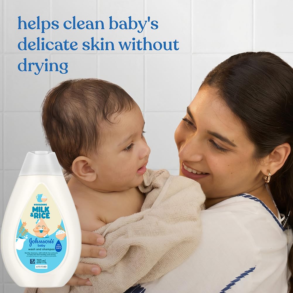 Johnson’s Baby Nourishing Milk & Rice Wash & Shampoo 200 ml | 2‑in‑1 Gentle Cleanser for Newborn Hair & Skin