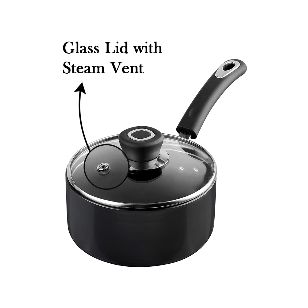 Vinod Hanos Hard Anodised Non Stick Saucepan with Lid - 1.7 Litre, 16 cm | 3.25mm Thick | 5X Long Lasting | Soft Touch Handle, Scratch Proof | Induction & Gas Base | 2 Year Warranty