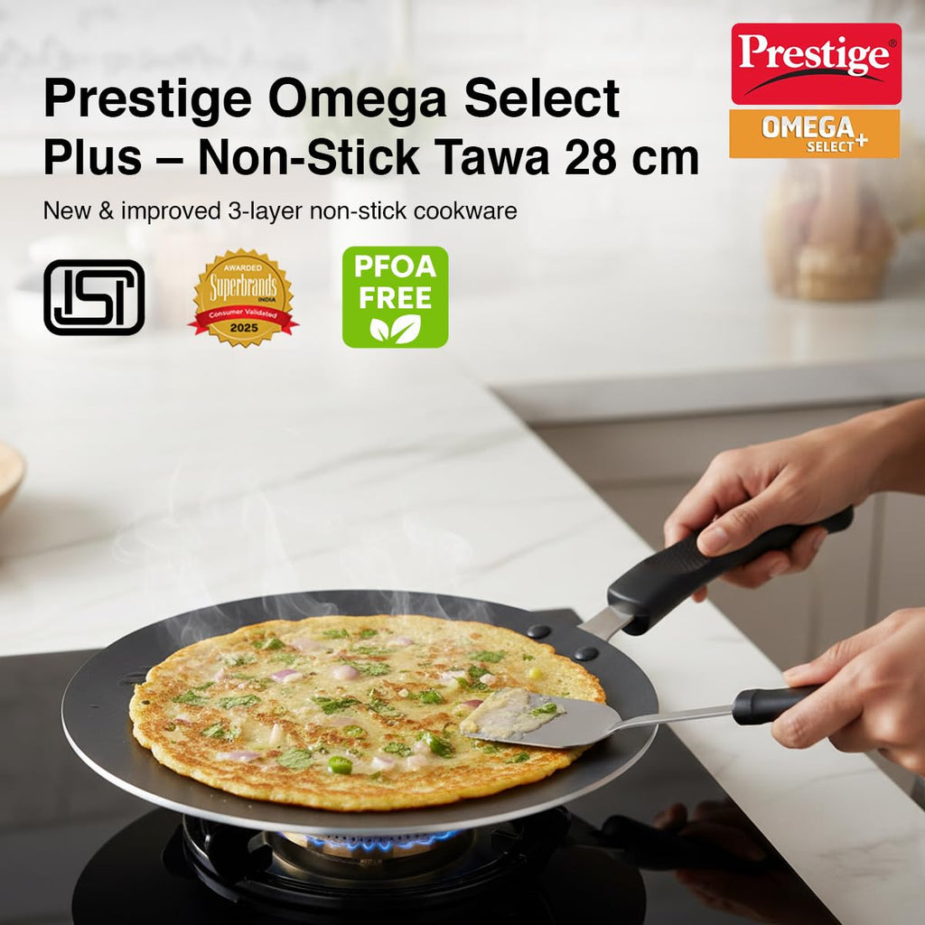 Prestige Aluminium Omega Select Plus Non-Stick Concave Tawa, 28 cm, Black