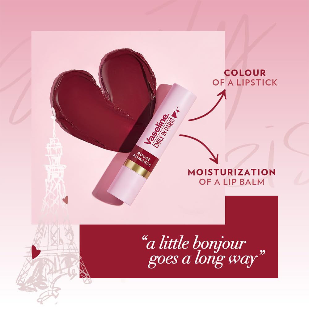 Vaseline Rouge Romance | Emily in Paris Limited Edition | Red Tinted Lip Balm Stick, 24H* Moisturization, 3g