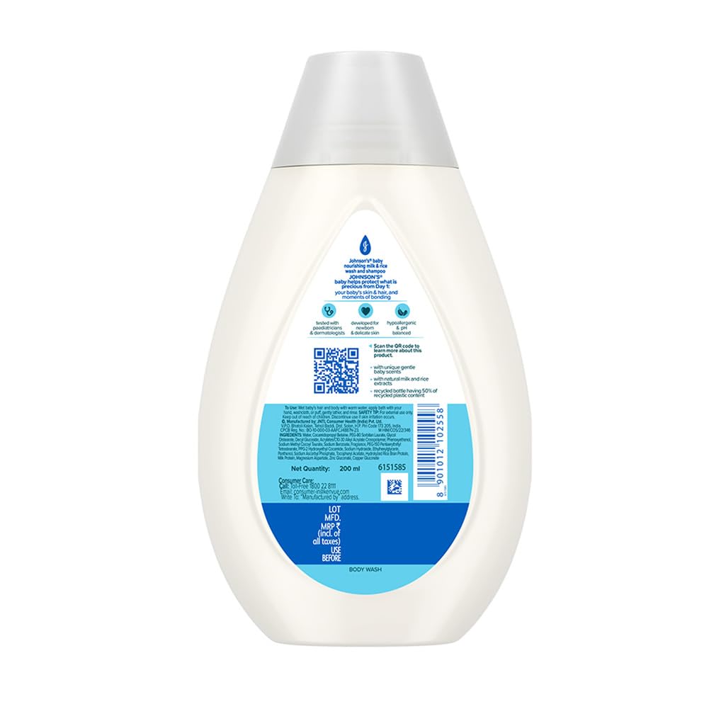 Johnson’s Baby Nourishing Milk & Rice Wash & Shampoo 200 ml | 2‑in‑1 Gentle Cleanser for Newborn Hair & Skin