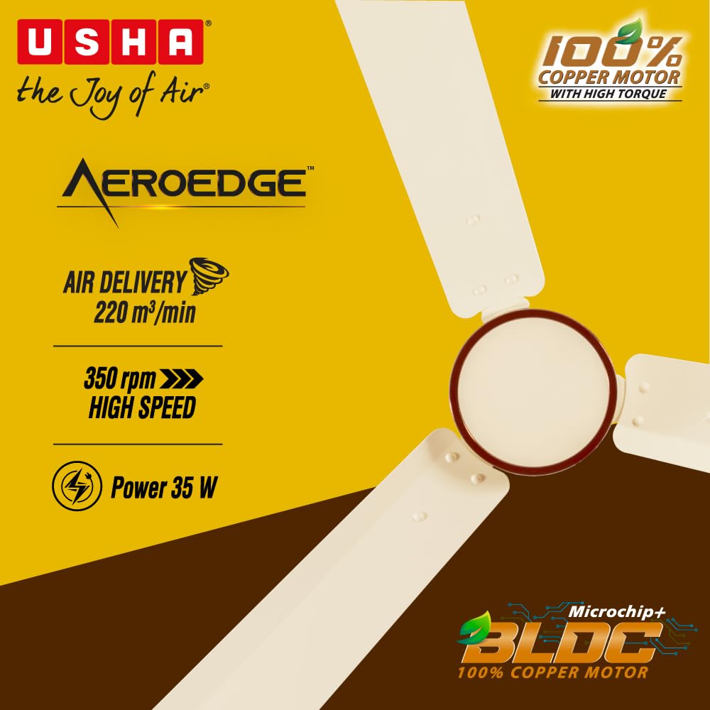 USHA AeroEdge 1200mm BLDC Ceiling Fan with RF Remote | BEE 5 Star Rated Energy Efficient | 100% Copper Motor | High Air Delivery 220CMM | 3-Year Motor & 2-Year PCB Warranty | (Ivory)