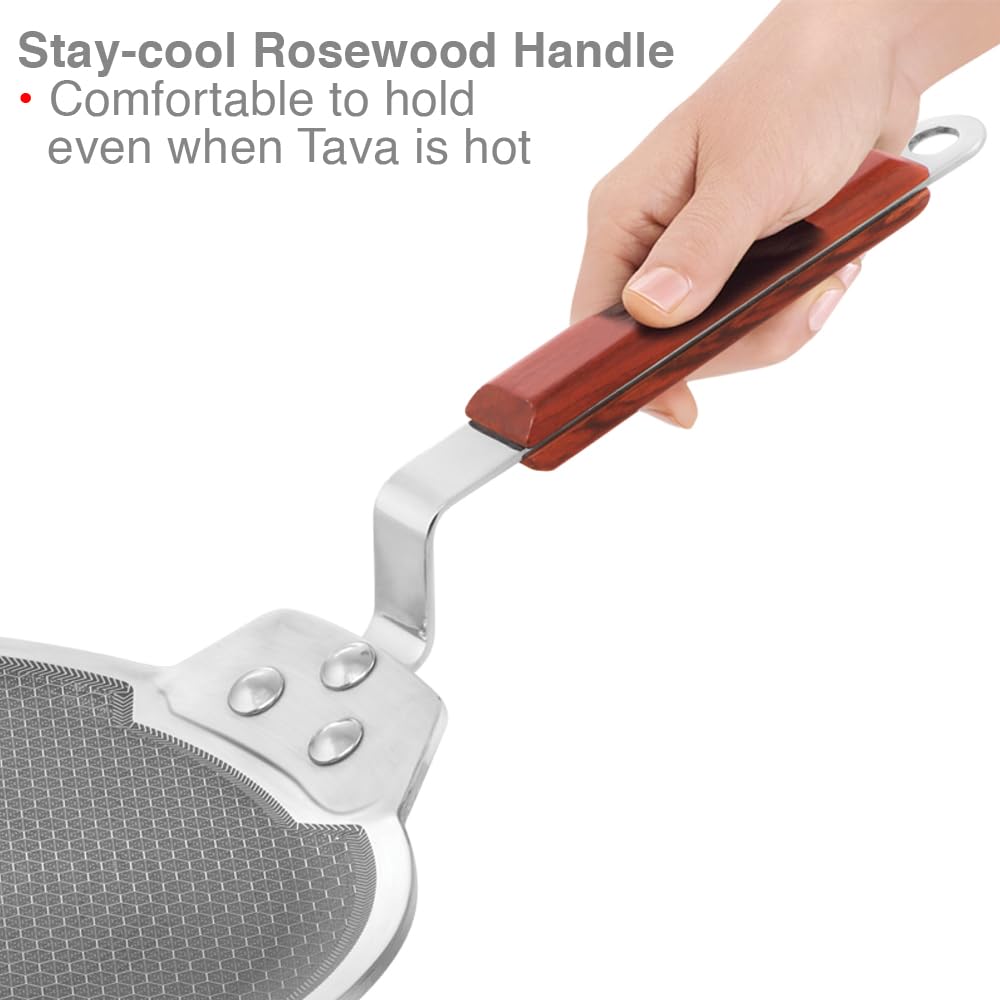 Hawkins 30 cm Dosa Tava, Triply Stainless Steel Shielded Nonstick Tawa with Rosewood Handle, Honeycomb Non Stick Induction Tawa, Silver (NSDT30)