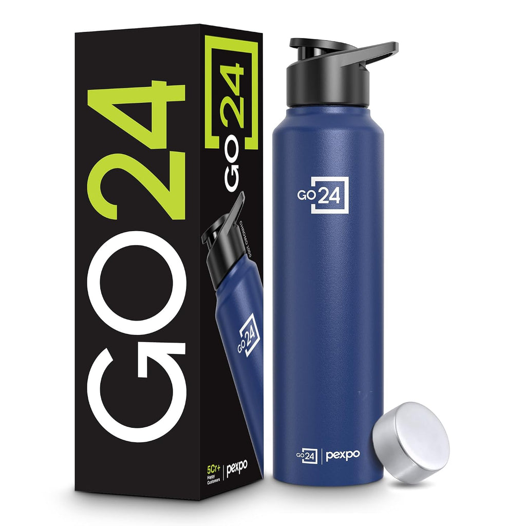 Stainless Steel Water Bottle Chromo Denim Blue 950ml Dual Cap Lightweight single-wall water bottle with leakproof lid, BPA-free, ideal for school, office, gym, travel.