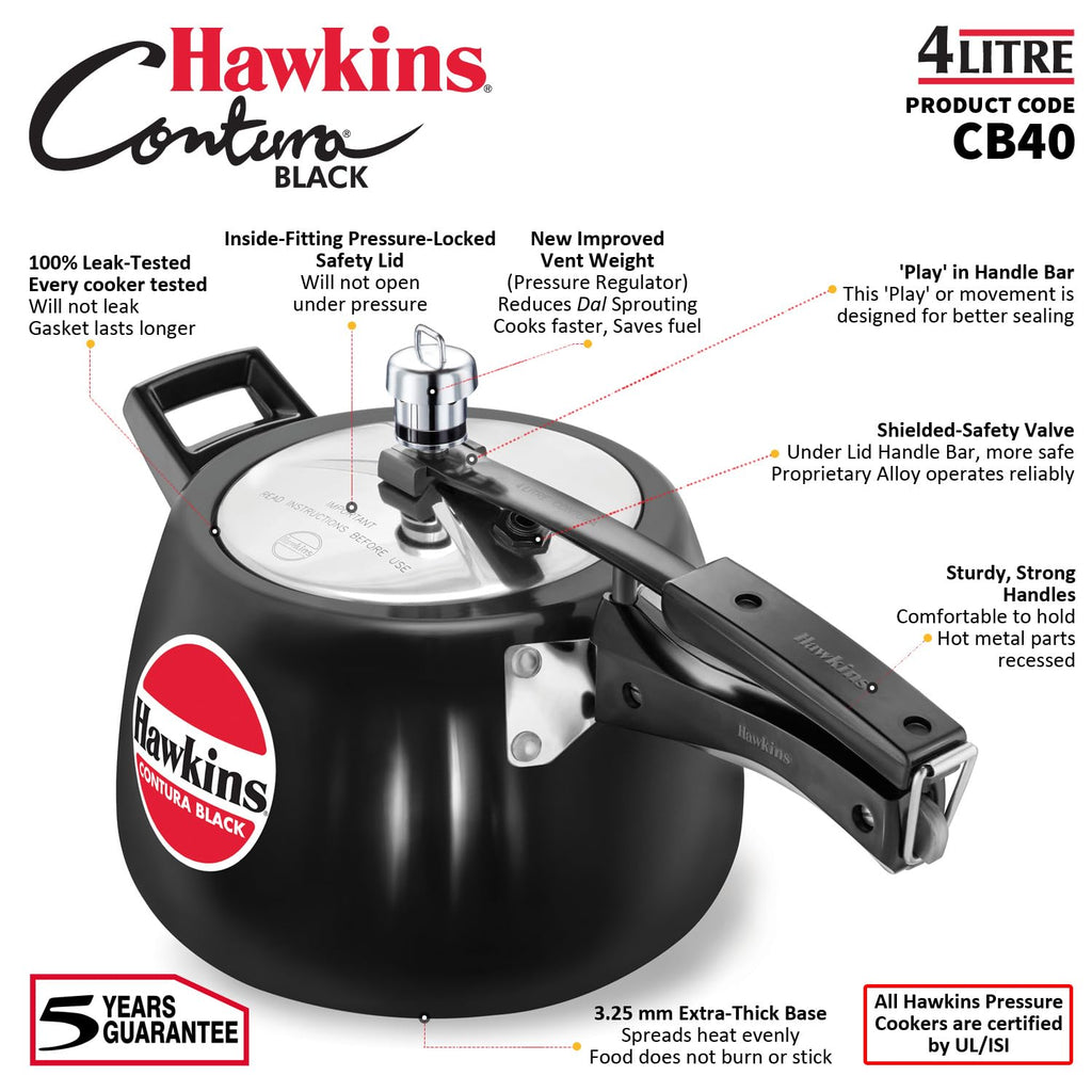 Hawkins 4 Litre Contura Black Pressure Cooker, Hard Anodised Inner Lid Cooker, Handi Cooker, Black (Cb40), 4 Liter