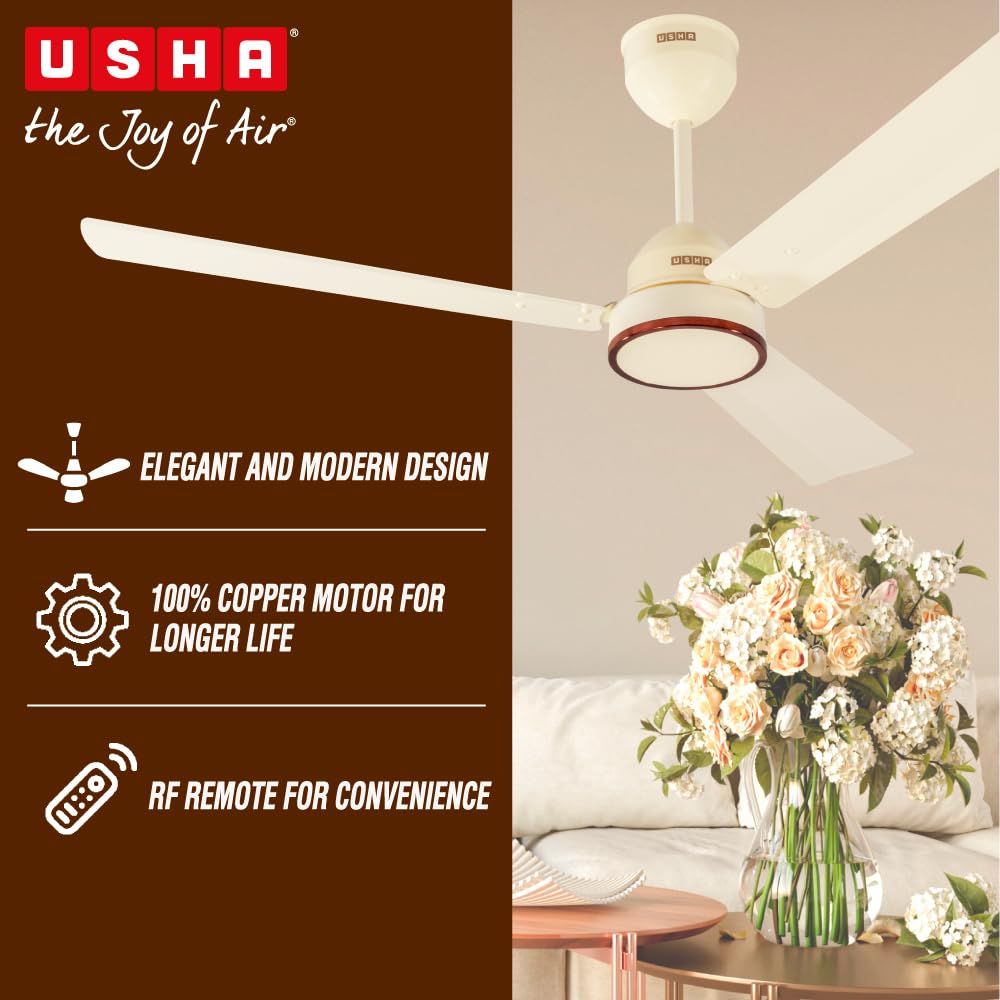 USHA AeroEdge 1200mm BLDC Ceiling Fan with RF Remote | BEE 5 Star Rated Energy Efficient | 100% Copper Motor | High Air Delivery 220CMM | 3-Year Motor & 2-Year PCB Warranty | (Ivory)