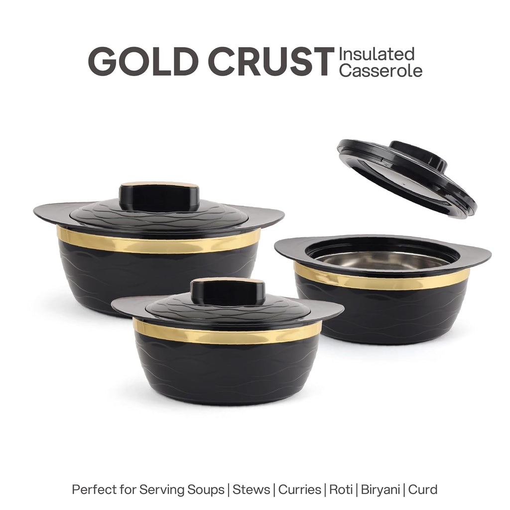 Cello Gold Crust Insulated Casserole Set of 3, (500ml, 1000ml, 1500ml) Black |
