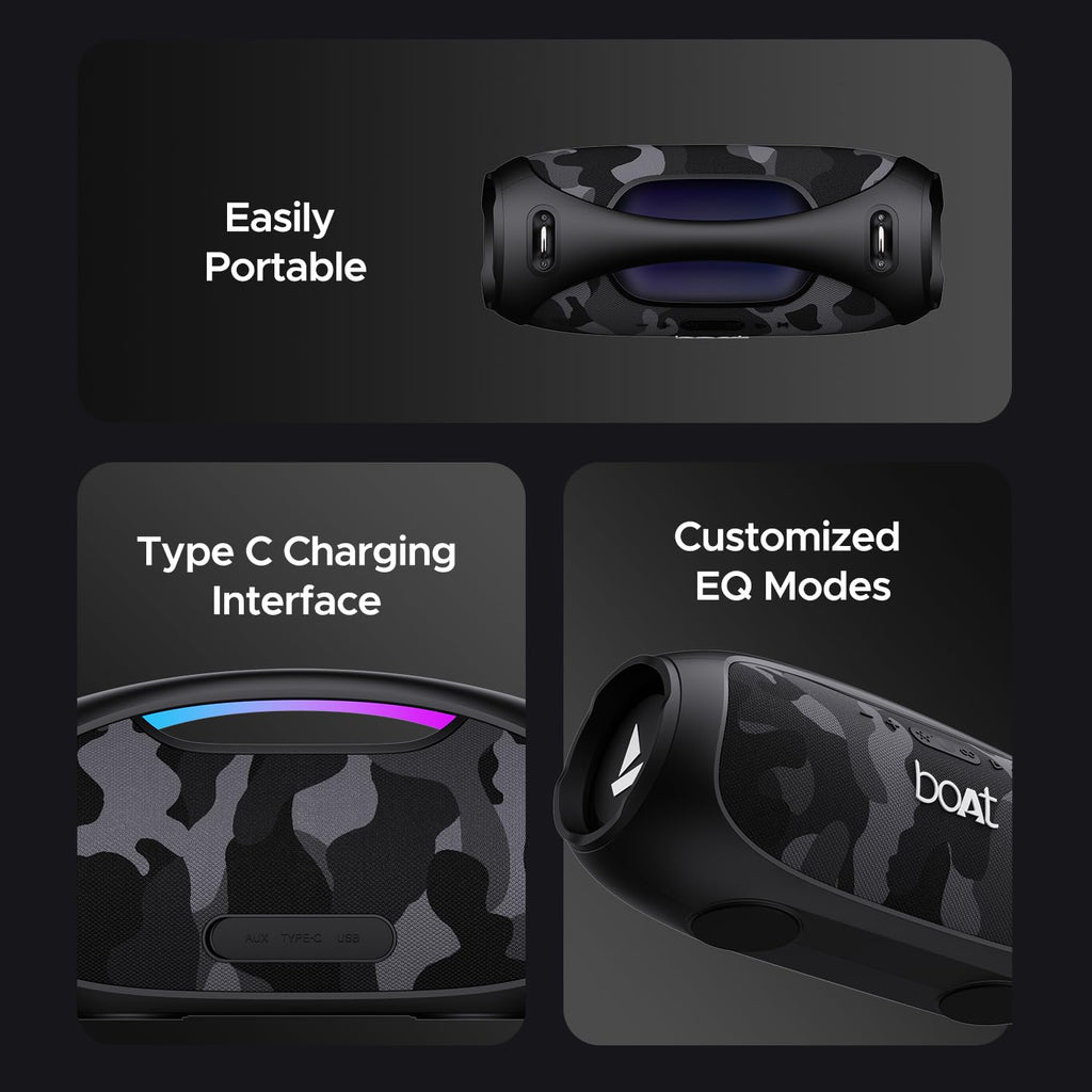 boAt Stone 1800 Bluetooth Speaker w/ 90 W RMS Sound, RGB LEDs, EQ Modes, IPX6,BT v5.3,Multi- Compatibility– Aux&USB, Playback time Up to 5 Hours & Type C Charging(Camo Black)