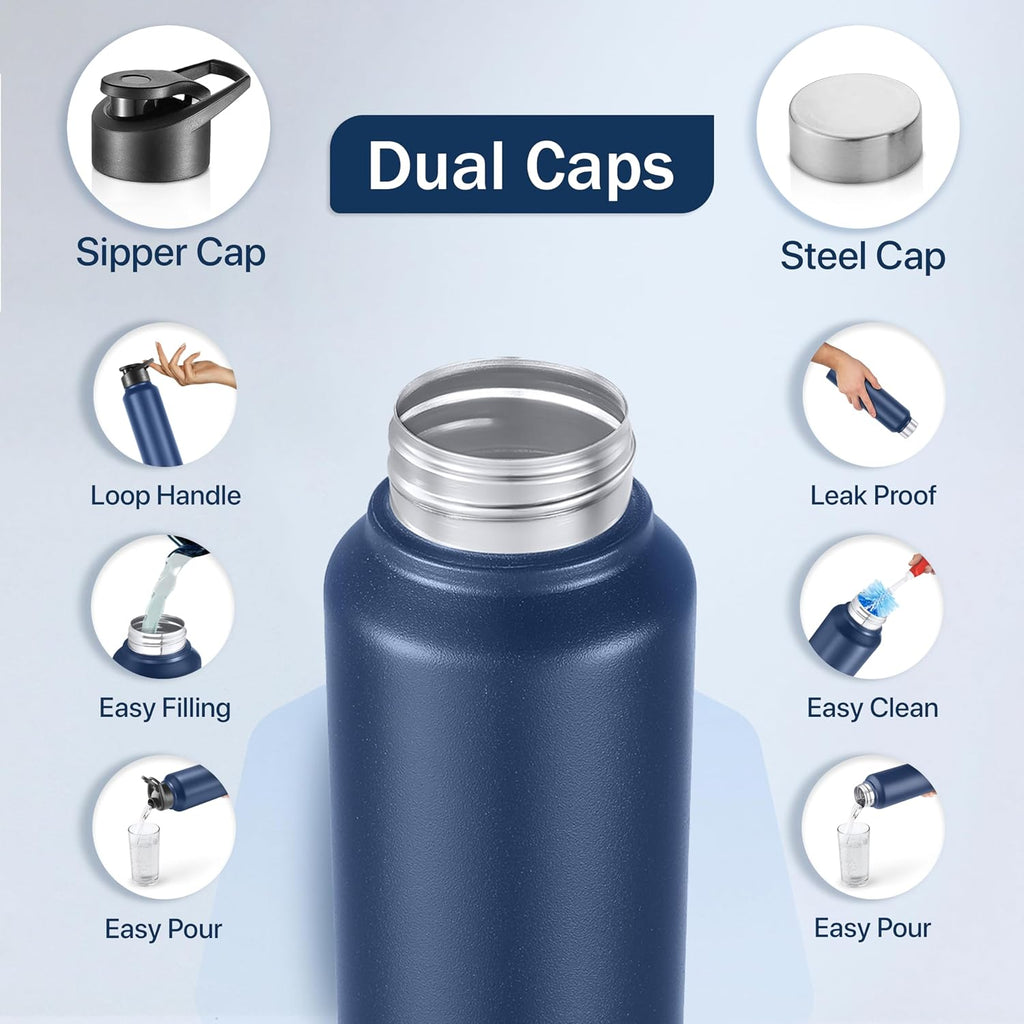 Stainless Steel Water Bottle Chromo Denim Blue 950ml Dual Cap Lightweight single-wall water bottle with leakproof lid, BPA-free, ideal for school, office, gym, travel.