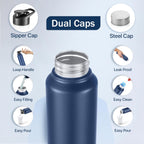 Stainless Steel Water Bottle Chromo Denim Blue 950ml Dual Cap Lightweight single-wall water bottle with leakproof lid, BPA-free, ideal for school, office, gym, travel.