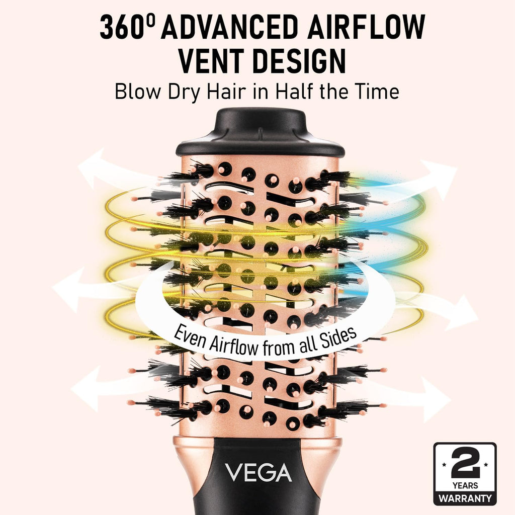 VEGA Litstyle L3 Volumizer Hair Blow Dryer Brush With 3 Heat/2 Speed Settings, 360° Airflow Vent, 3 in 1 Compact Hot Air Brush For Women, Tourmaline Ceramic