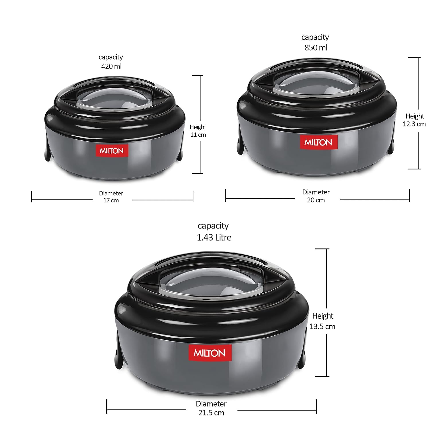 Milton Ernesto Inner Stainless Steel Jr. Casserole Set of 3 (390,720 and 1320 ml), Grey