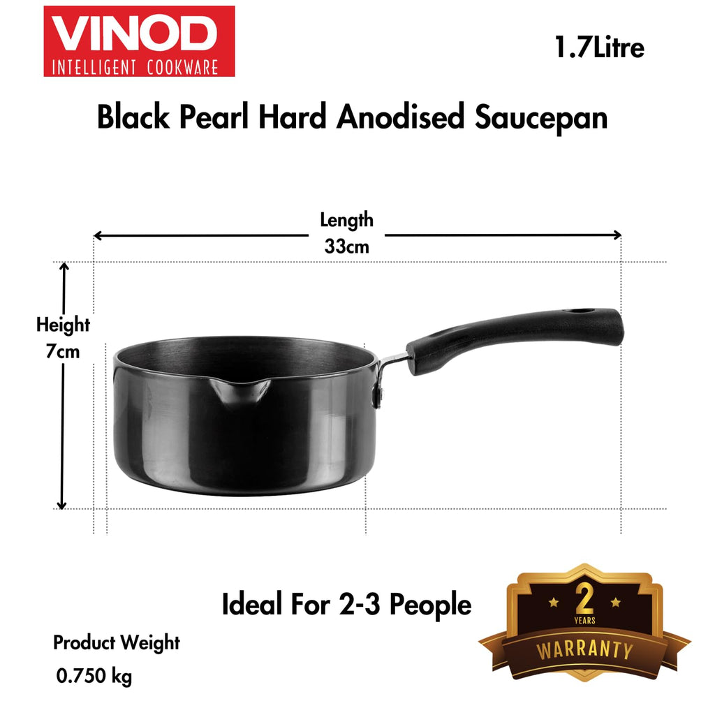 Vinod Black Pearl Hard Anodised Saucepan 1.7 Litre, 16cm | 3.25mm Thick | Metal Spoon Friendly | Ezee Pour Spout | Bakelite Handle | Toxin Free | 2 Year Warranty - Black