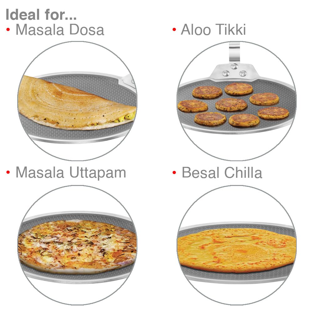 Hawkins 30 cm Dosa Tava, Triply Stainless Steel Shielded Nonstick Tawa with Rosewood Handle, Honeycomb Non Stick Induction Tawa, Silver (NSDT30)