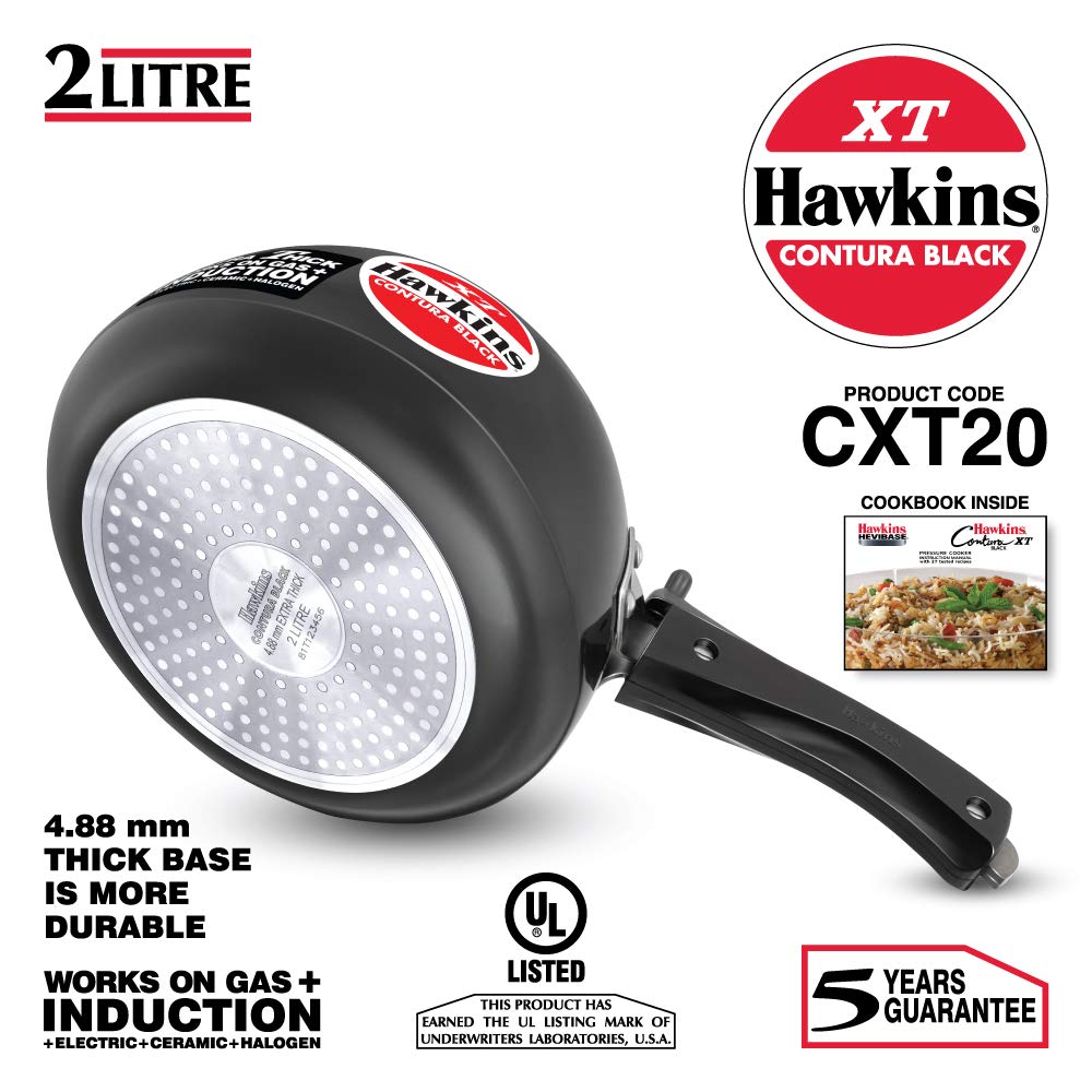 Hawkins 2 Litre Contura Black XT Pressure Cooker, Hard Anodised Inner Lid, Small Induction, Handi, Black (CXT20)