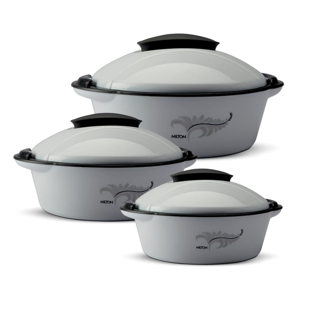 MILTON Crisp DLX Insulated Inner Steel Casserole, Set of 3, (430 ml, 1.05 litres, 1.70 litres) Grey