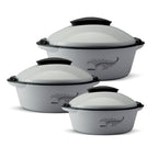 MILTON Crisp DLX Insulated Inner Steel Casserole, Set of 3, (430 ml, 1.05 litres, 1.70 litres) Grey