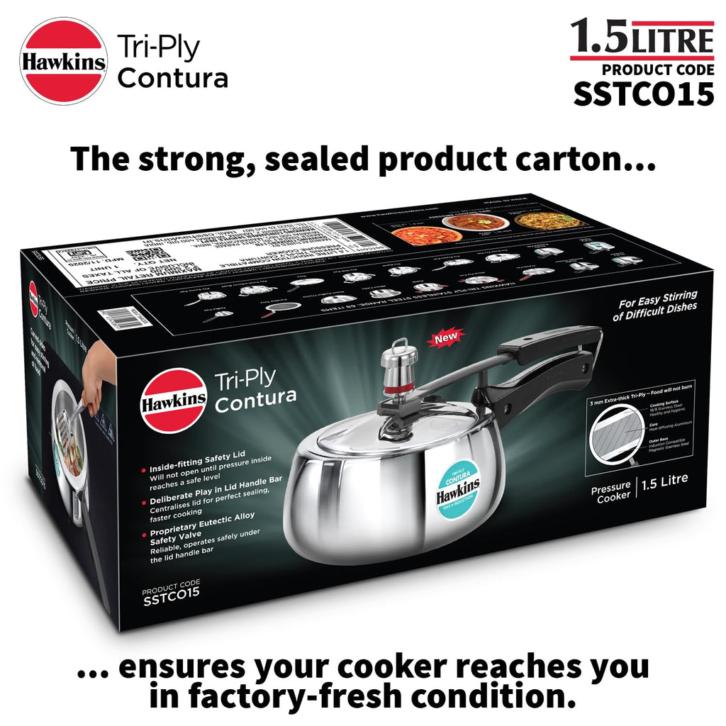 Hawkins Contura 1.5 Litre Stainless steel Pressure Cooker | Curved Body | Induction Compatible | Ideal for 1 2 persons | ISI Certified | Guaranteed for 5...