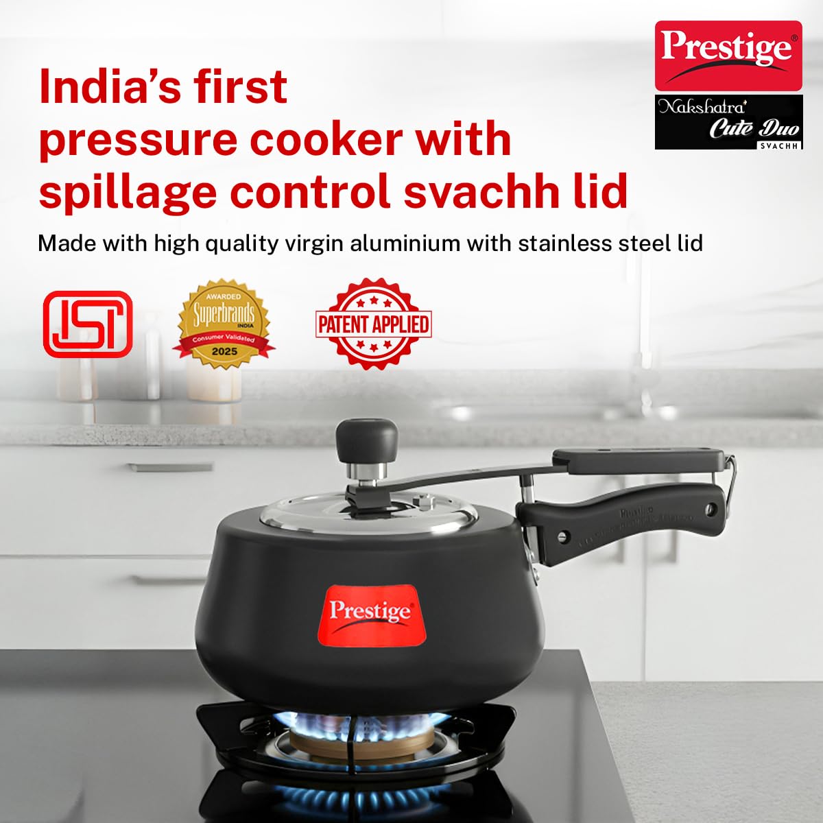 Prestige Nakshatra Cute Duo Svachh Hard Anodised Inner Lid Pressure Cooker, 2.0L, Black, 2 Liter
