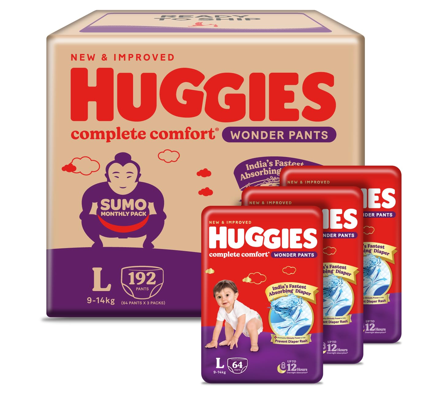 Huggies Complete Comfort Wonder Pants | Pant Style Baby Diapers Large Size (L), 192 Count | India's Fastest Absorbing Diaper, Prevents Diaper Rash,...