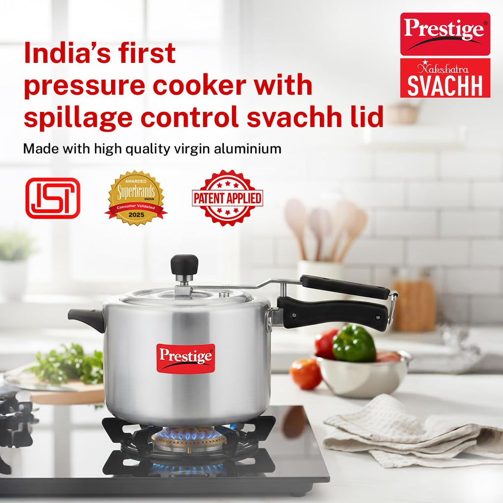 Prestige 5 Litre Aluminium Nakshatra Svachh Innerlid Pressure Cooker|Deep lid for spillage control|Virgin Aluminium|Gas Compatible|Metallic Safety Plug|5 Years warranty|ISI Certified